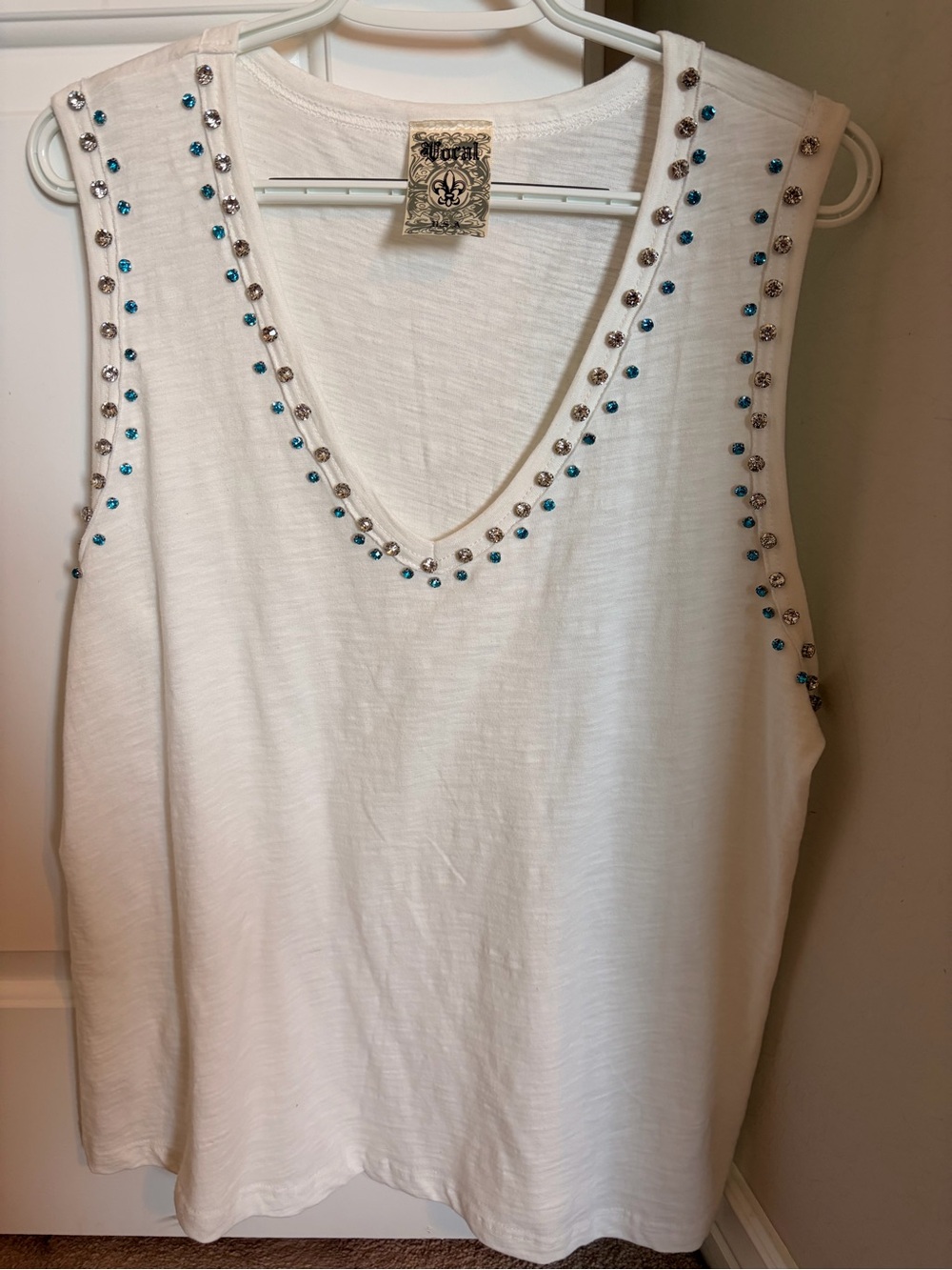 Vocal White V-Neck Tank with Blue and Silver Studs